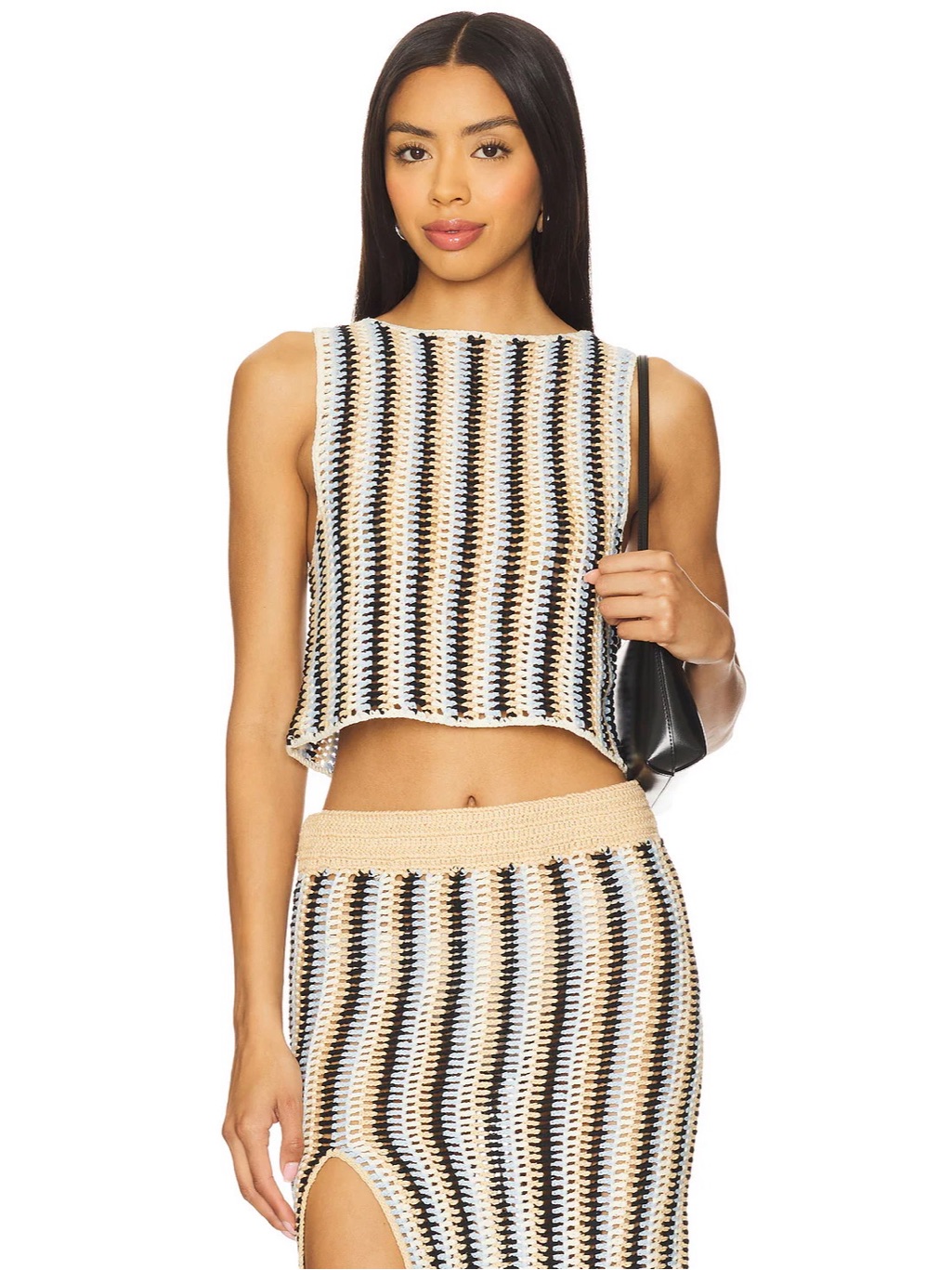 Nwt Osis Studio Tianaa Top In Tan Blue Brown Multi Stripe Crochet Knit Crop